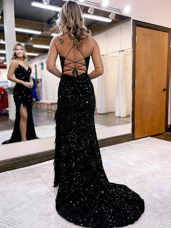Vestidos Weitese con escote en V, sin mangas, con cola larga, lentejuelas, plumas y piel